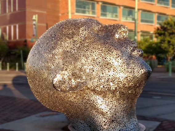 bronze sculpture of a head looking skyward