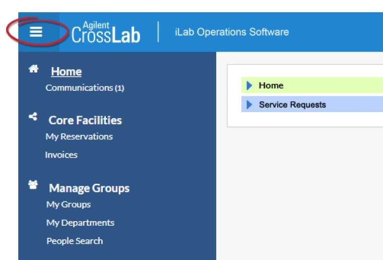 iLab user home page menu